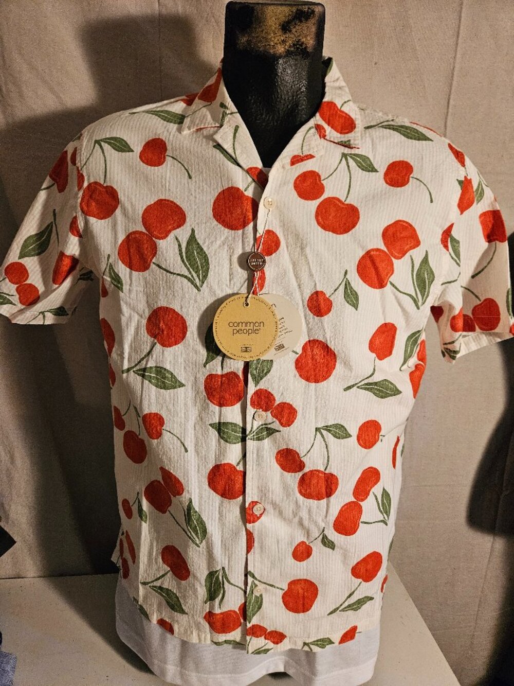 Common People Cherry Pattern Hawaiian Style Men's Casual Cotton Shirt Small NEW